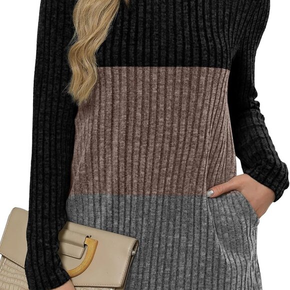 Elegant Long Sleeve Colorblock Tunic with Pockets for Chic Fall Fashion 2025 - Picture 2 of 4